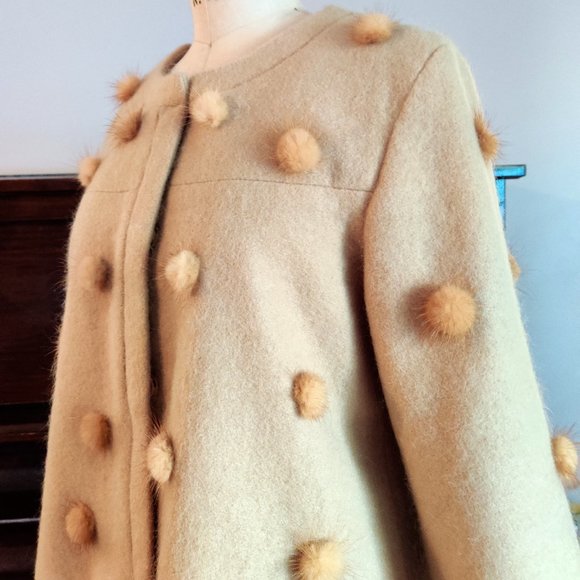 EUC Bess Tan Cropped Jacket with Furry Beige Pompoms – Small Veste Petit - Picture 5 of 7